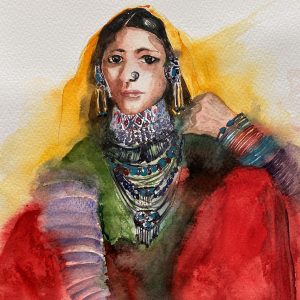 A watercolour painting of a tribal woman.