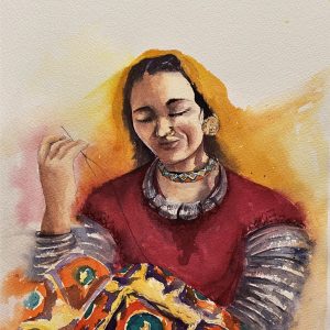 A watercolour painting of a tribal lady stitching.