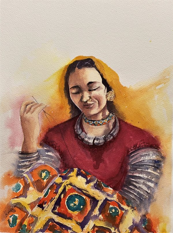 A watercolour painting of a tribal lady stitching.