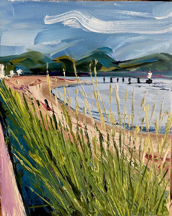 View from promenade at Greenore to mountains in distance, painted loosely in oils on cotton canvas.