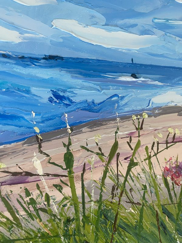 The Sea and Wildflowers at Greenore, oil painting on cotton canvas.