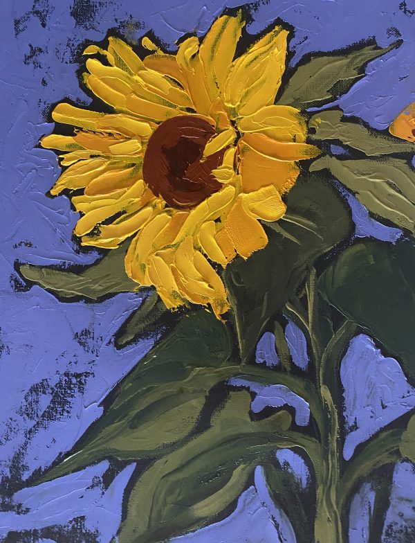 Abstract Sunflower, oil painting with knife on black cotton canvas stretched on wooden frame.