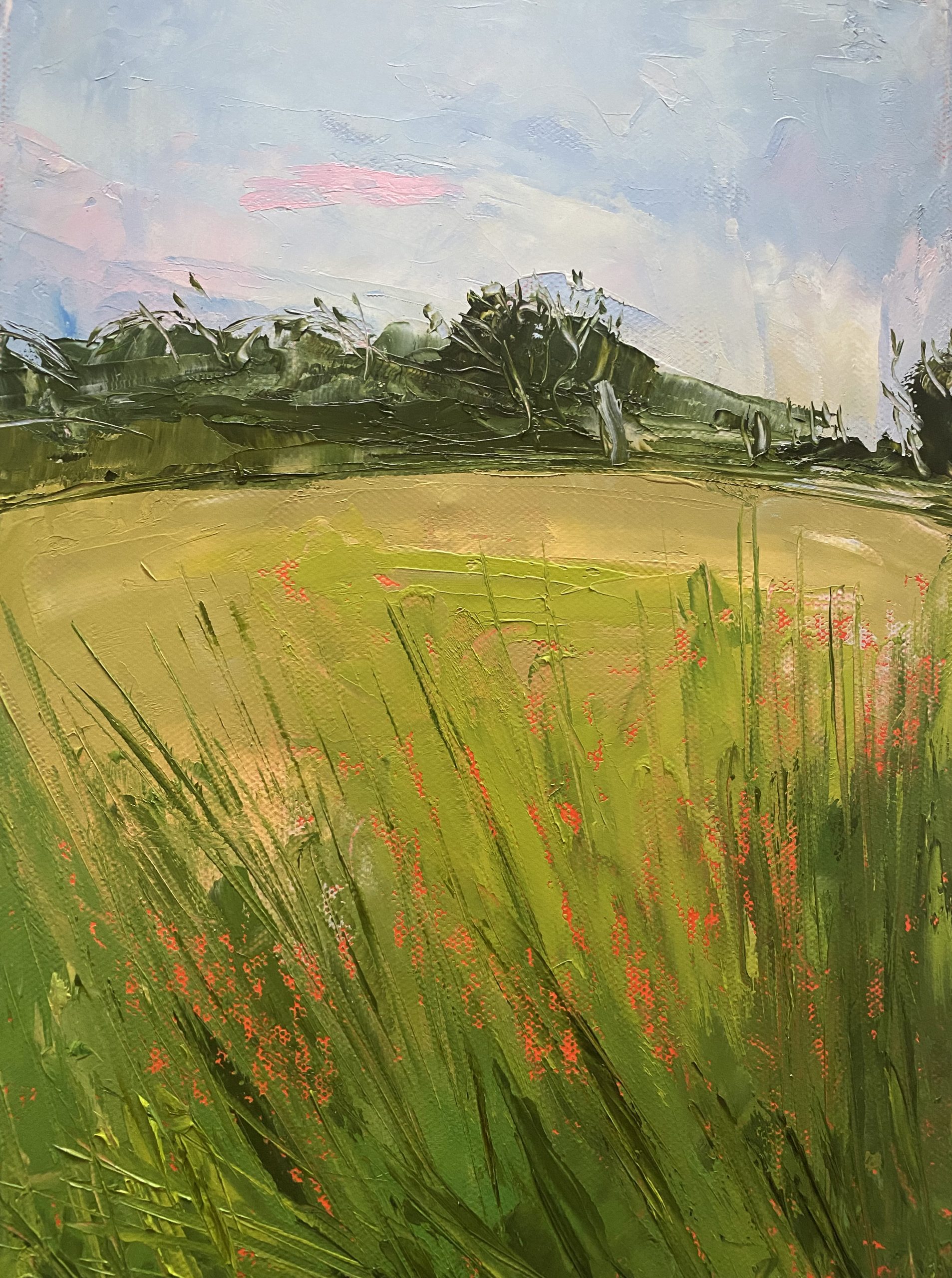 The Field, painting in oils with palette knife and mark making tools on a cotton canvas stretched board.