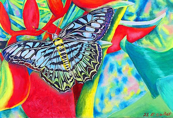 Tropical Butterfly & Lobster Claw painting by British Artist Elizabeth Sadler