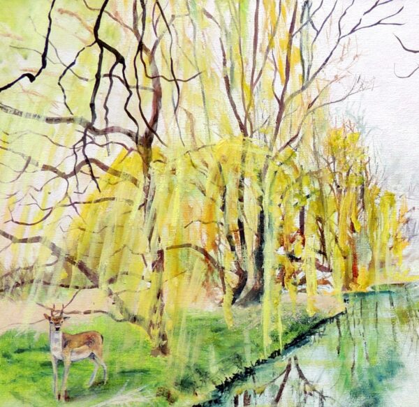 Spring Willow and Deer Oil Painting by British artist Elizabeth Sadler