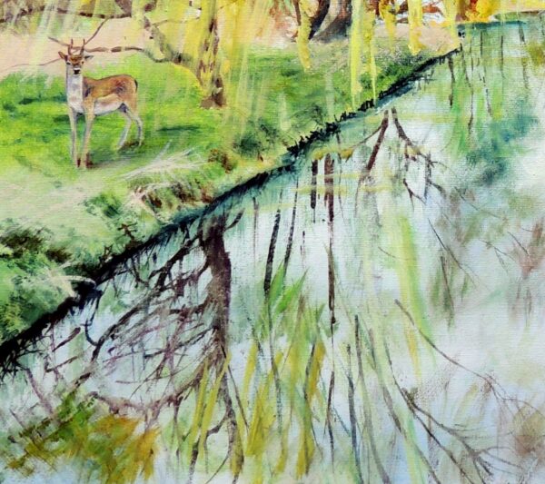 Spring Willow and Deer Oil Painting by British artist Elizabeth Sadler