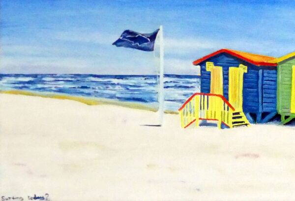 Beach huts oil painting by UK artist Elizabeth Sadler