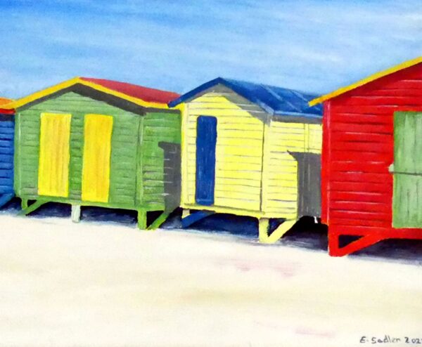 Beach huts oil painting by UK artist Elizabeth Sadler