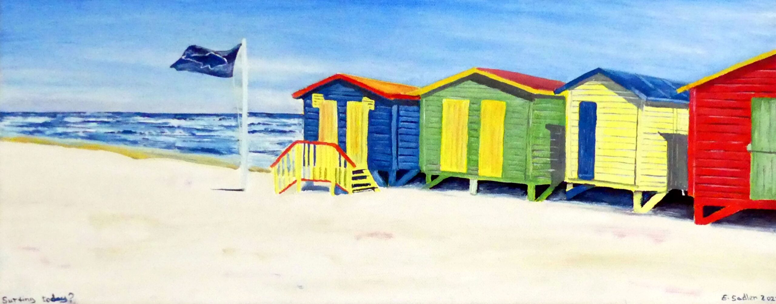 Beach huts oil painting by UK artist Elizabeth Sadler