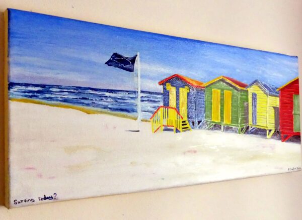 Beach huts oil painting by UK artist Elizabeth Sadler