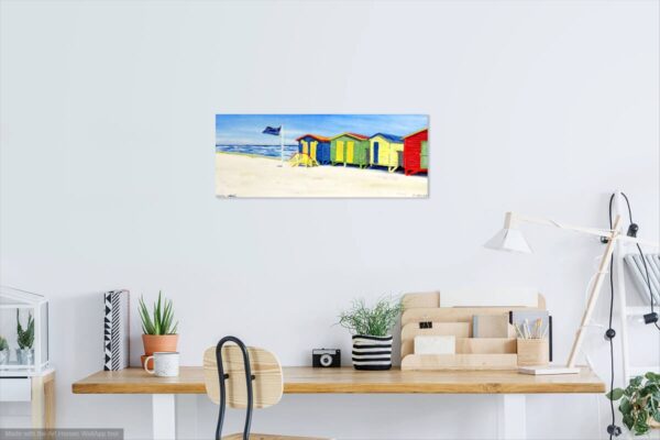 Beach huts oil painting by UK artist Elizabeth Sadler