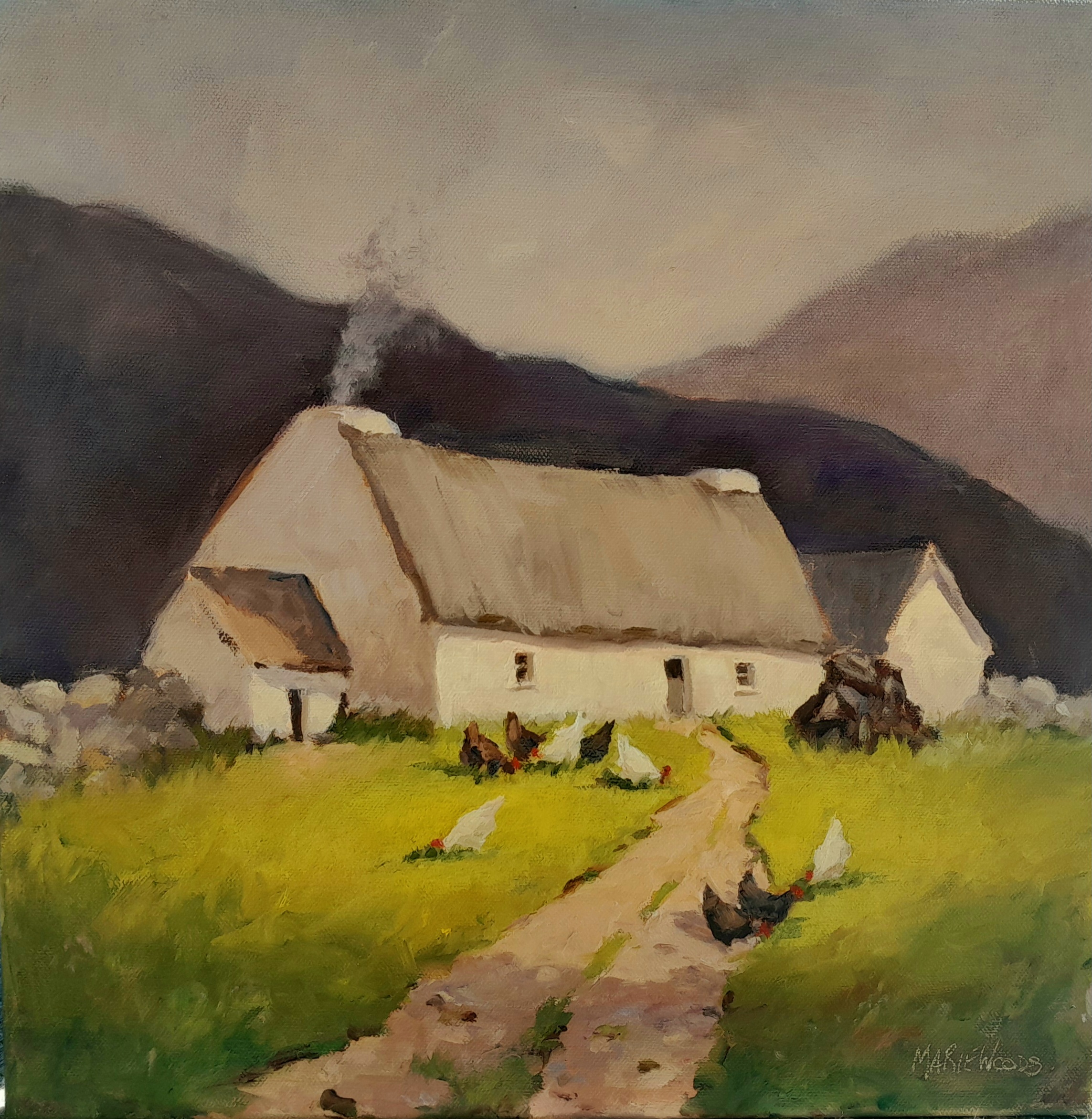 “Cottage, Ireland Back Then” oil painting by Irish artist Marie Woods