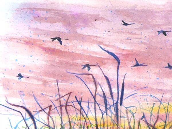 Wildlife landscape watercolour painting by UK artist Elizabeth Sadler