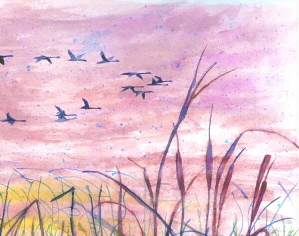 Wildlife landscape watercolour painting by UK artist Elizabeth Sadler