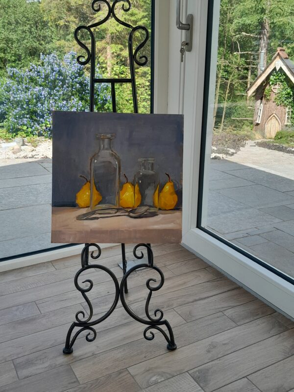 Original oil painting “Pears and Bottles” by Irish artist Marie Woods