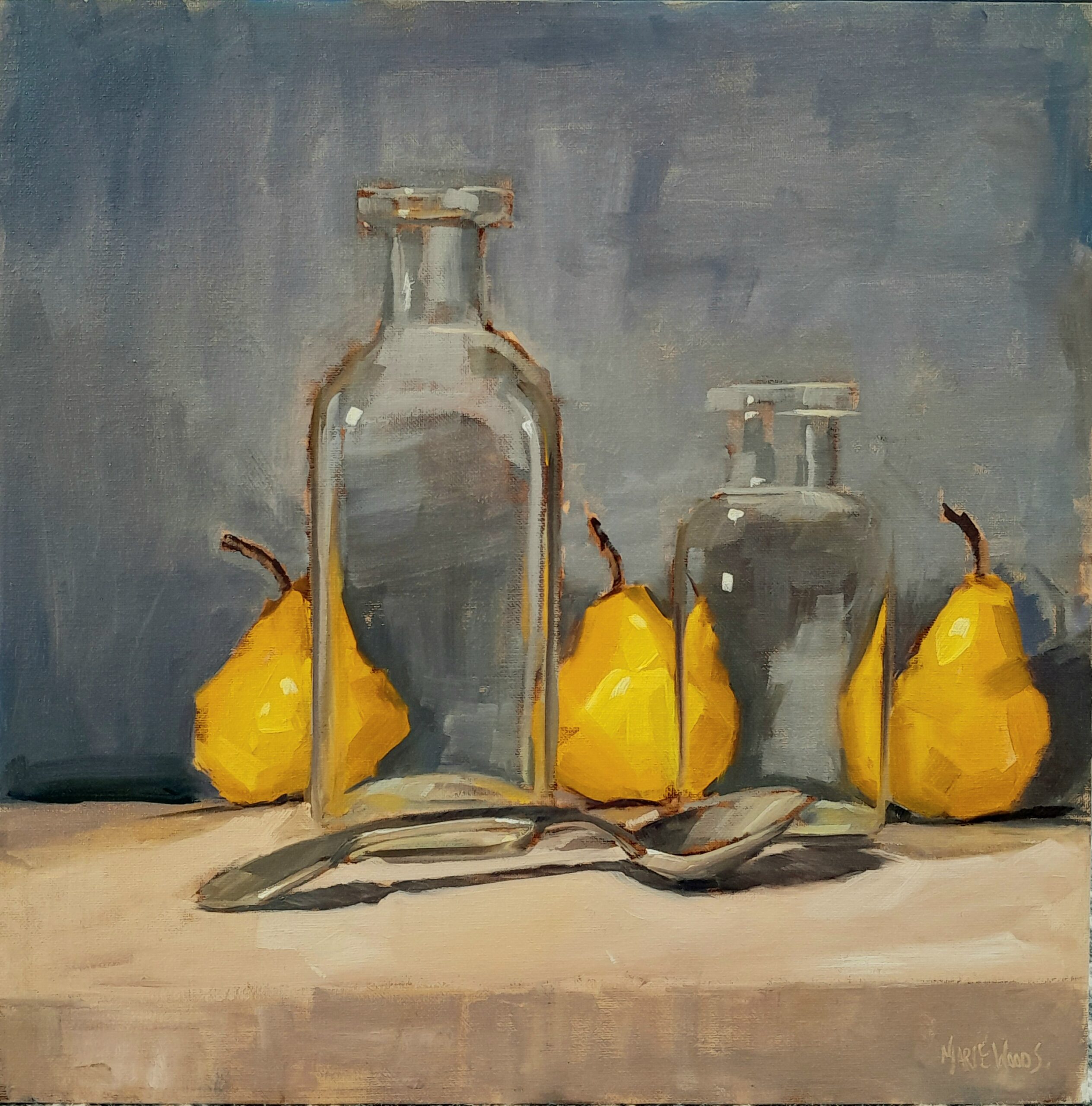 Original oil painting “pears and Bottles” by Irish artist Marie Woods .