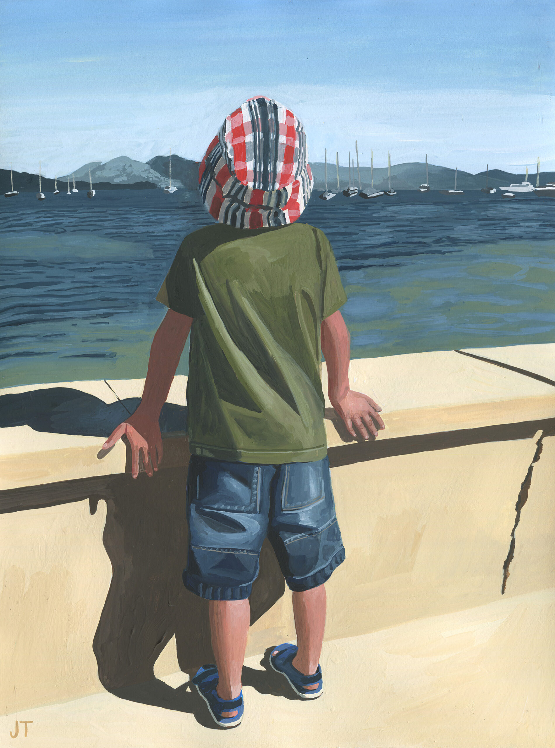 gouache painting of young boy on holiday looking out to sea. Mediterranean location. Beach.
