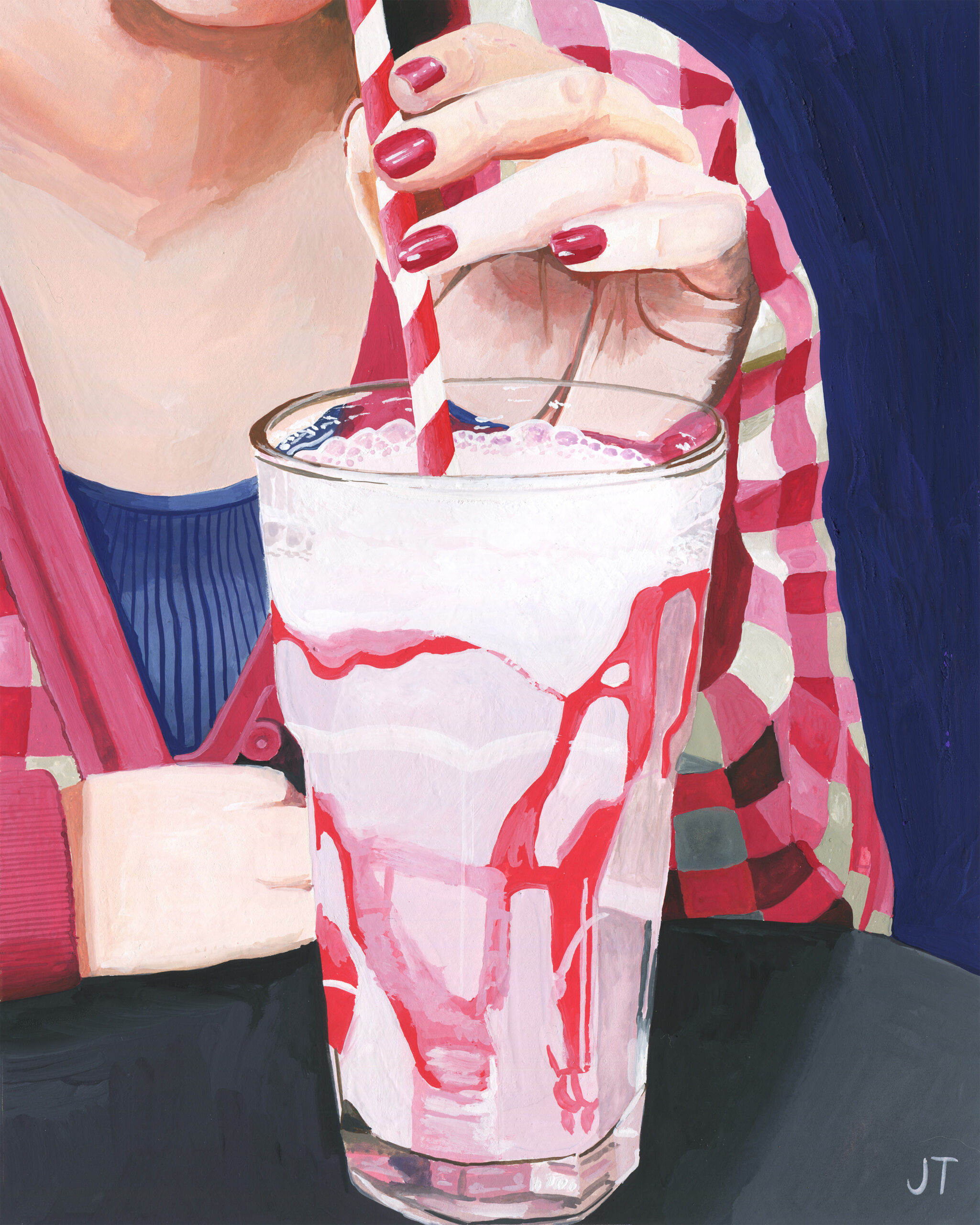 gouache painting of female figure drinking strawberry milkshake