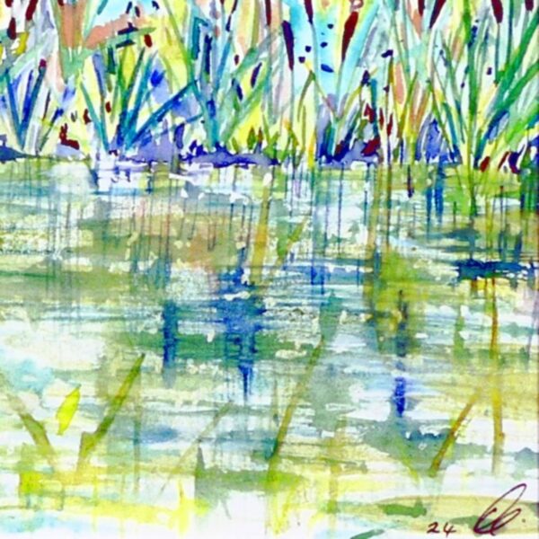 Fen reedbed watercolour painting by British artist Elizabeth Sadler