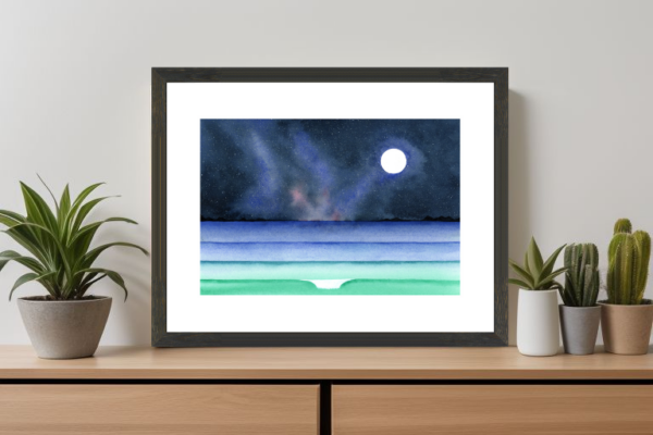 Night Surf Framed in black frame in home with plants