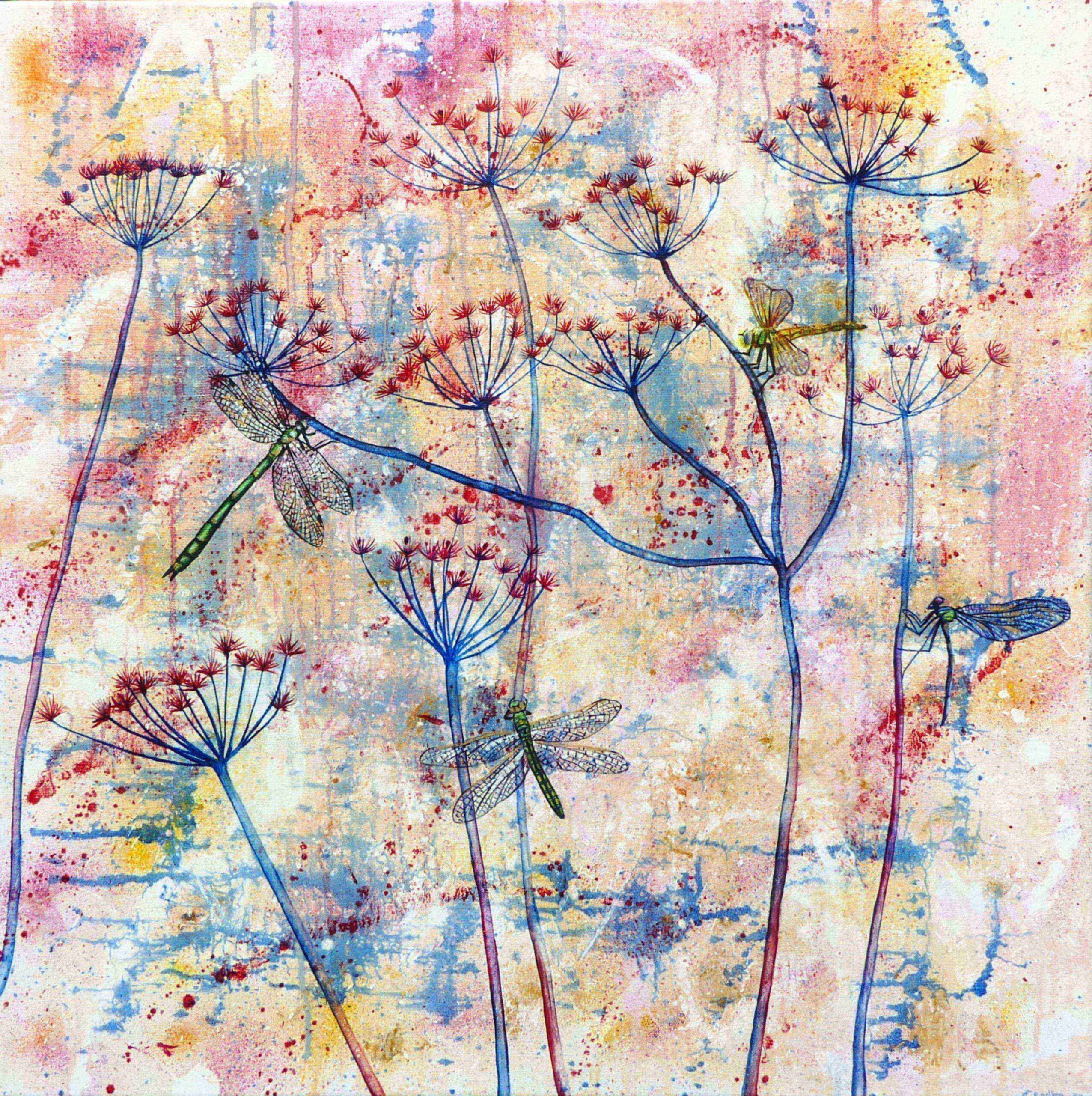 Dragonflies and cow-parsley semi-abstract canvas by UK artist Elizabeth Sadler