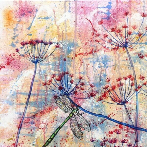 Dragonflies and cow-parsley semi-abstract canvas by UK artist Elizabeth Sadler