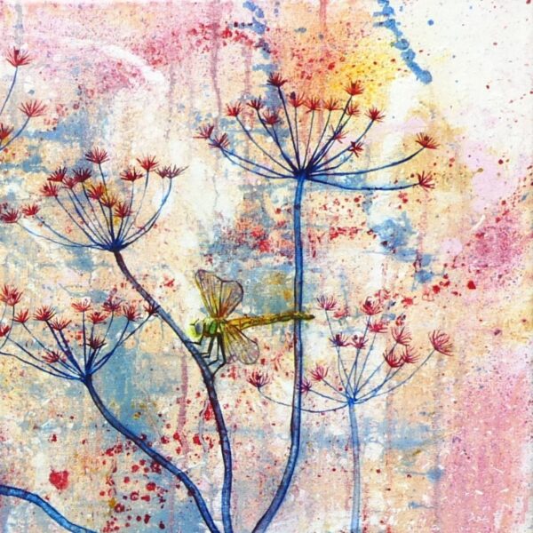 Dragonflies and cow-parsley semi-abstract canvas by UK artist Elizabeth Sadler