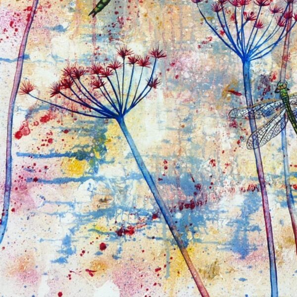 Dragonflies and cow-parsley semi-abstract canvas by UK artist Elizabeth Sadler