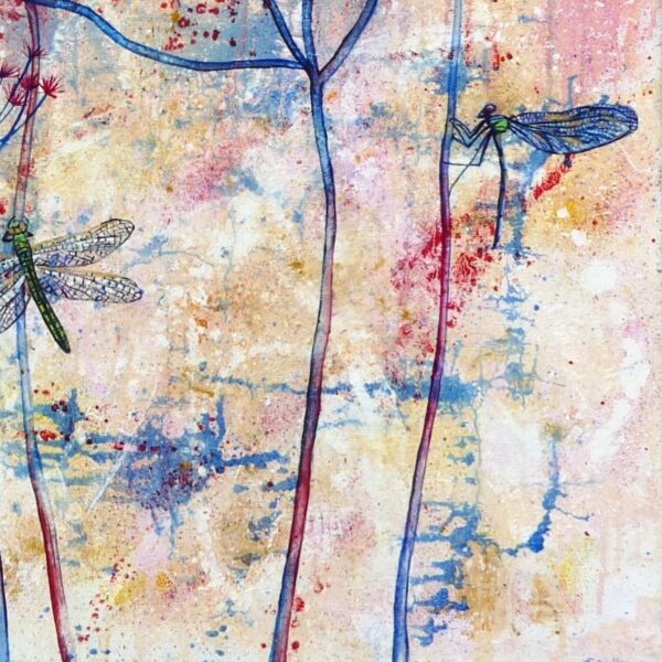 Dragonflies and cow-parsley semi-abstract canvas by UK artist Elizabeth Sadler