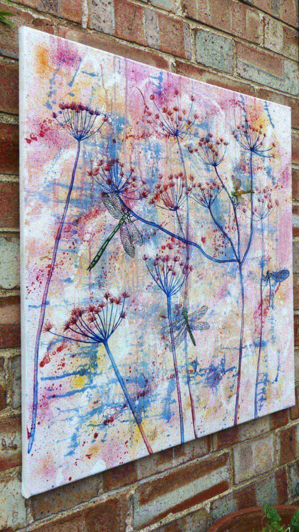 Dragonflies and cow-parsley semi-abstract canvas by UK artist Elizabeth Sadler