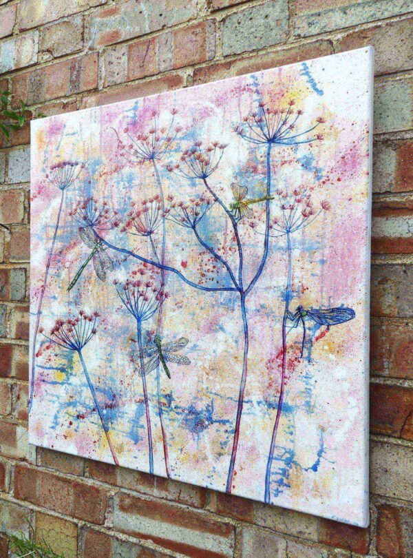 Dragonflies and cow-parsley semi-abstract canvas by UK artist Elizabeth Sadler