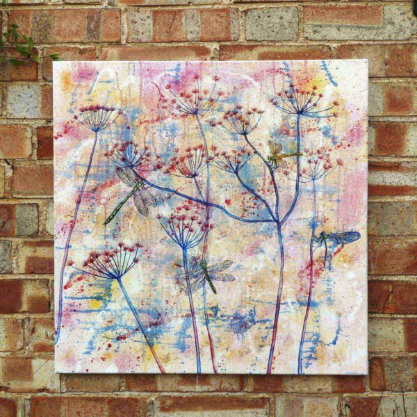 Dragonflies and cow-parsley semi-abstract canvas by UK artist Elizabeth Sadler