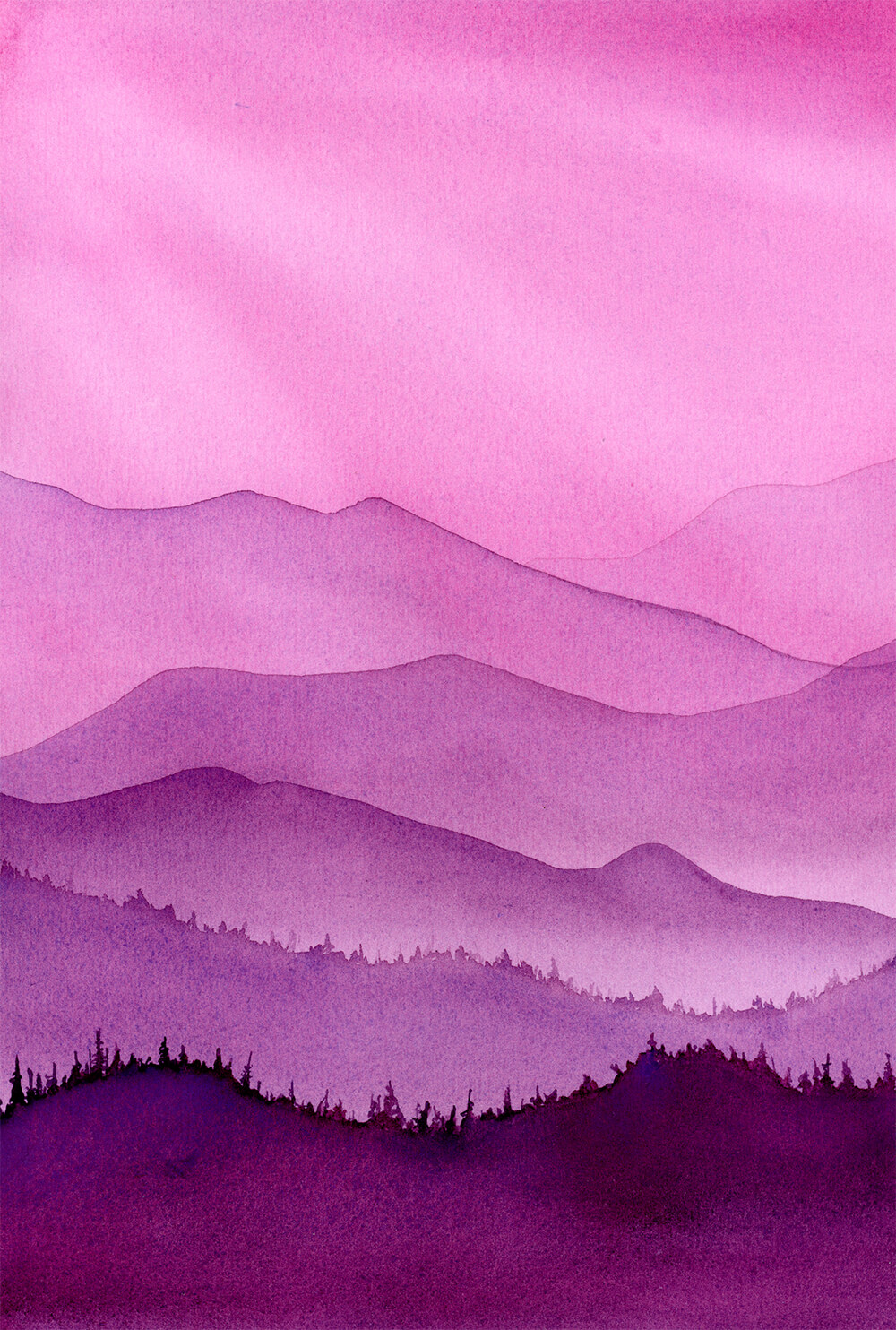 Misty Mountains A4 original artwork scan Dannie Mac Art pink mountains landscape watercolour