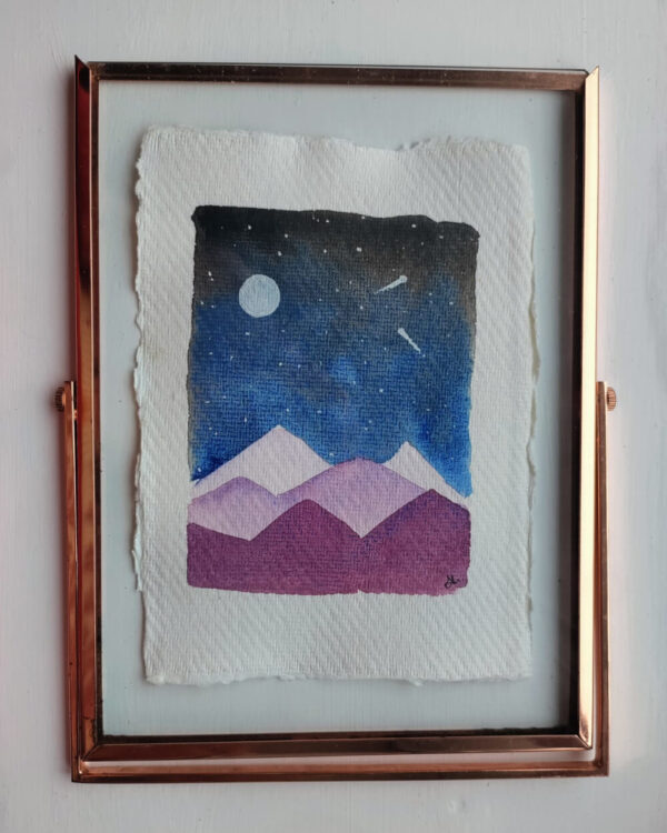 Mountains and Stars - Original Watercolour by Dannie Mac Art on Eco 100% Cotton Rag Recycled Acid-Free A6 Framed