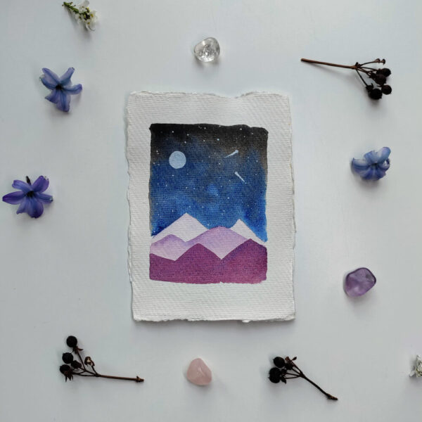 Mountains and Stars - Original Watercolour by Dannie Mac Art on Eco 100% Cotton Rag Recycled Acid-Free A6 Flatlay