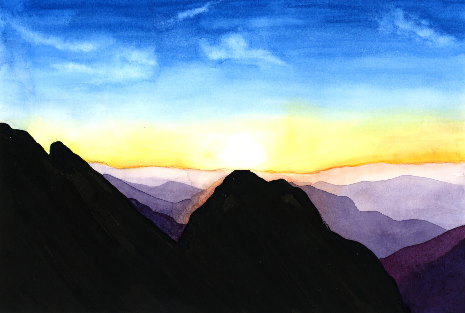 Mountains at Sunrise - Original Watercolour with Posca detail by Dannie Mac Art.