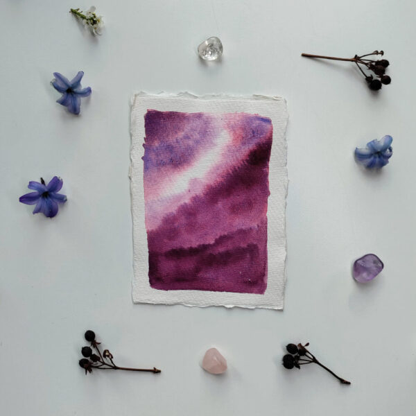 Flatlay - Northern Skies - Dannie Mac Art - Original Watercolour - Purple Northern Lights on Eco 100% Cotton Rag Recycled Acid-Free A6