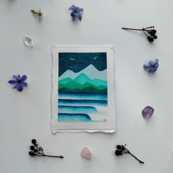 Starlit Surf Original Watercolour Flatlay Surf Mountains and Stars Painting surrounded by flowers and crystals magical wild inspiring