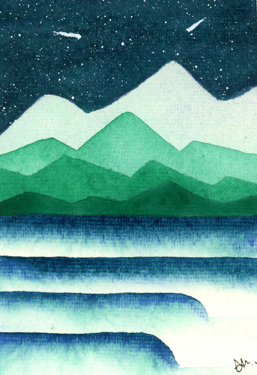 Starlit Surf Original Watercolour Surf Mountains and Stars Painting by Dannie Mac Art