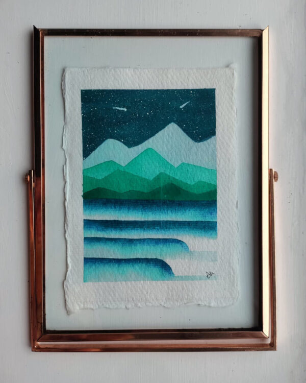 Starlit Surf Original Watercolour Surf Mountains and Stars Painting by Dannie Mac Art in bronze glass frame