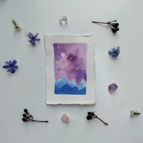 Stars and Mountains - Original Watercolour by Dannie Mac Art on Eco 100% Cotton Rag Recycled Acid-Free A6 - Flatlay