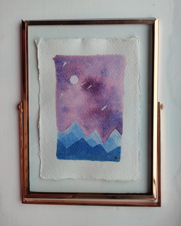 Stars and Mountains Framed - Original Watercolour by Dannie Mac Art on Eco 100% Cotton Rag Recycled Acid-Free A6