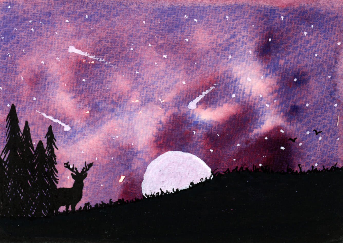 Wild Peace - Original Watercolour by Dannie Mac Art on Eco 100% Cotton Rag Recycled Acid-Free A6 - Deer Moon Stars Shooting Forest Sky Galaxy Northern Lights