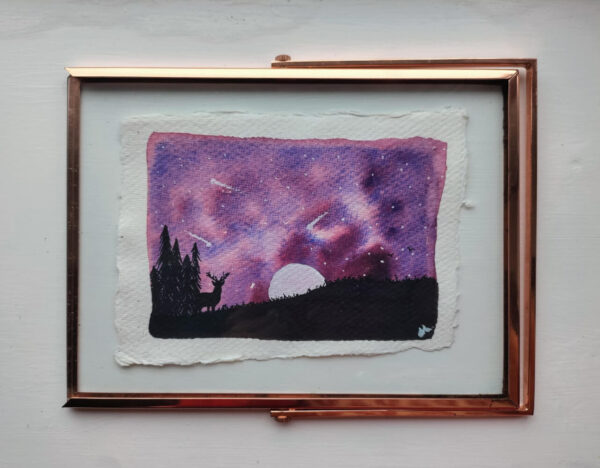 Wild Peace Framed - Original Watercolour by Dannie Mac Art on Eco 100% Cotton Rag Recycled Acid-Free A6 - Deer Moon Stars Shooting Forest Sky Galaxy Northern Lights