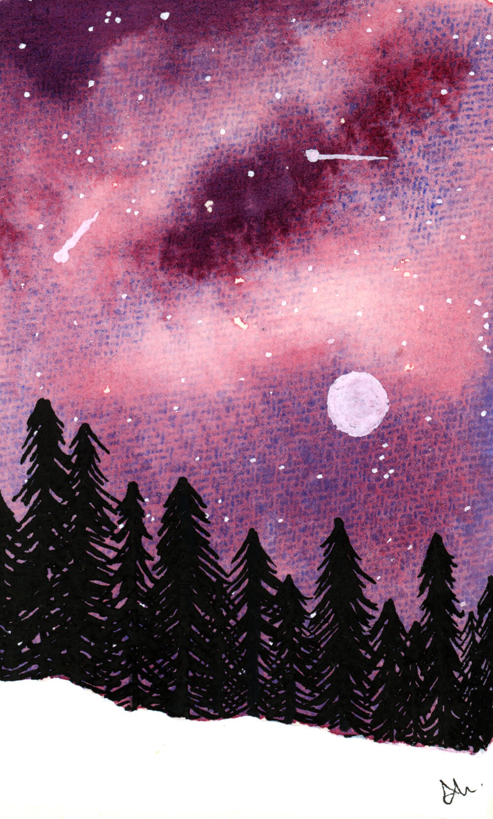 Winter Skies Original A6 Painting by Dannie Mac Art Galaxy Moon Shooting Stars Forest Winter Peaceful Scene