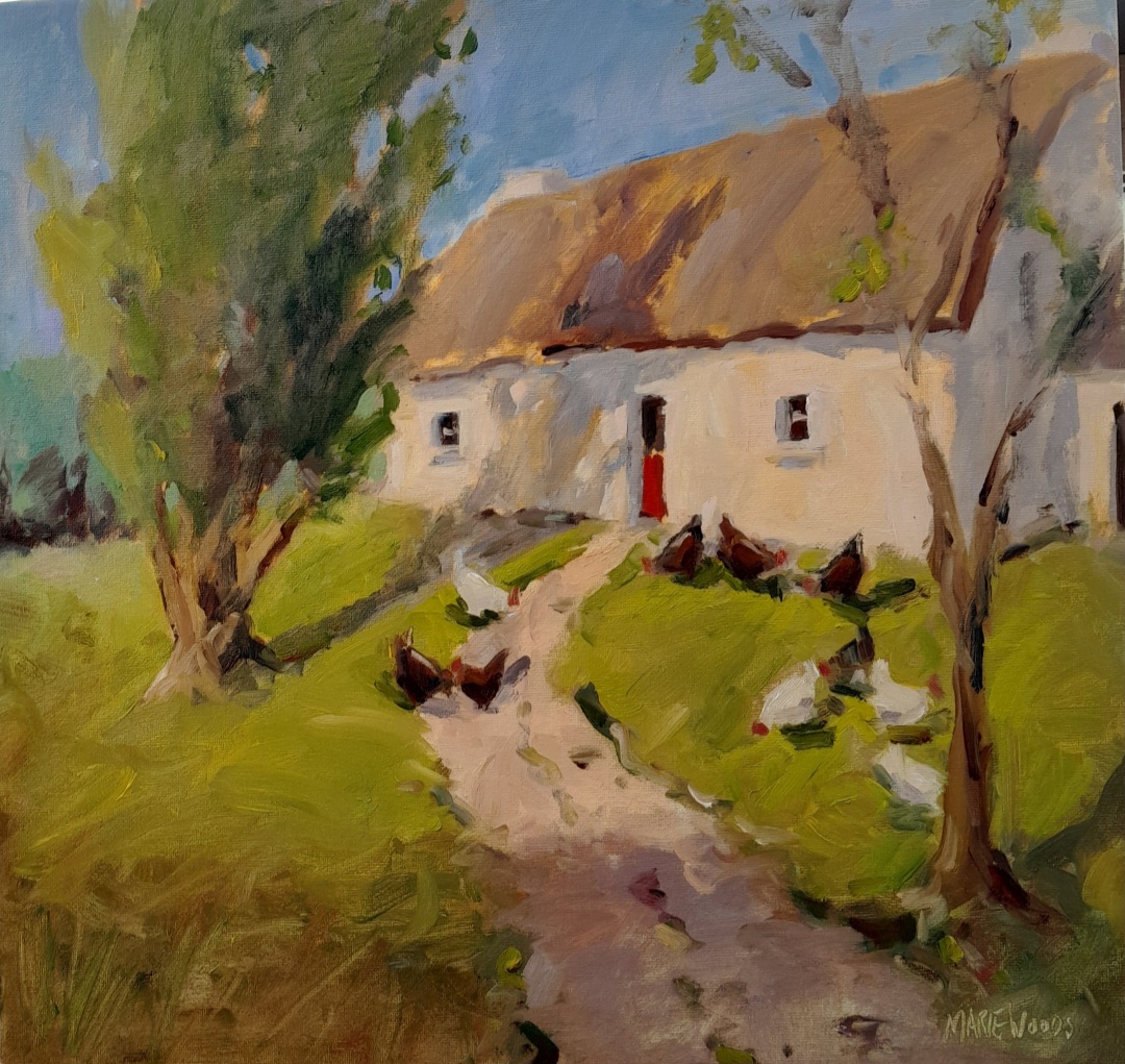 “Irish Cottage, Scraping a Living” by Irish artist Marie Woods