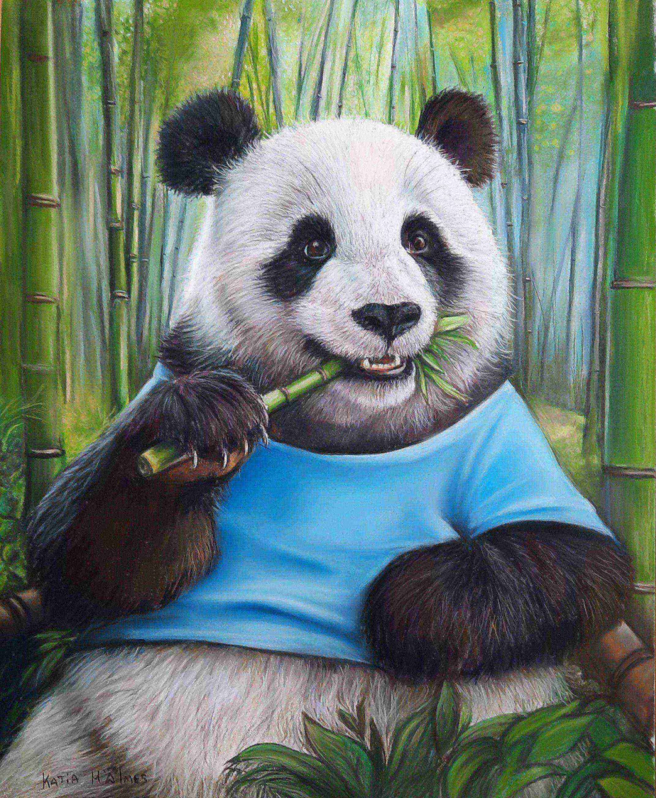Cute happy panda eating a bamboo - pastel painting in photorealistic style