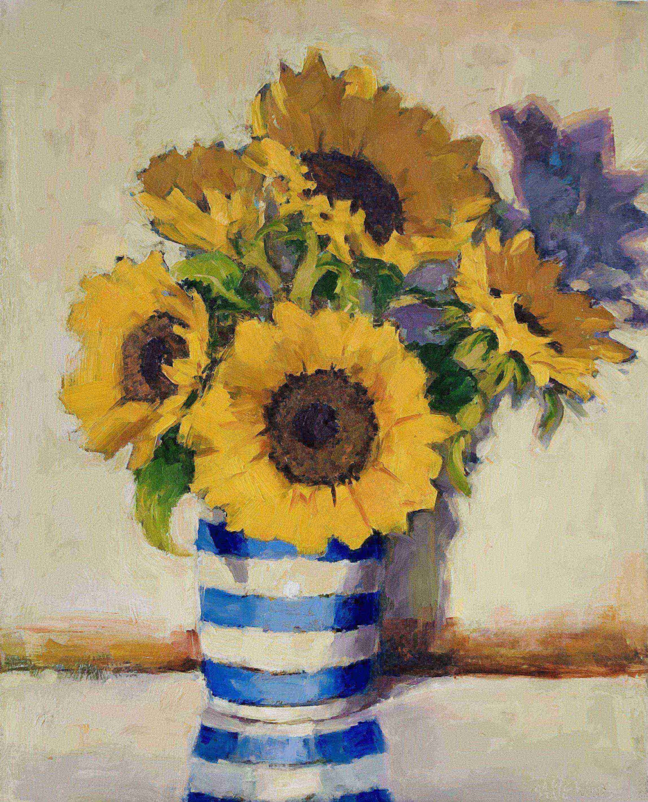 Sunflowers in Blue and White Vase by Irish artist Marie Woods