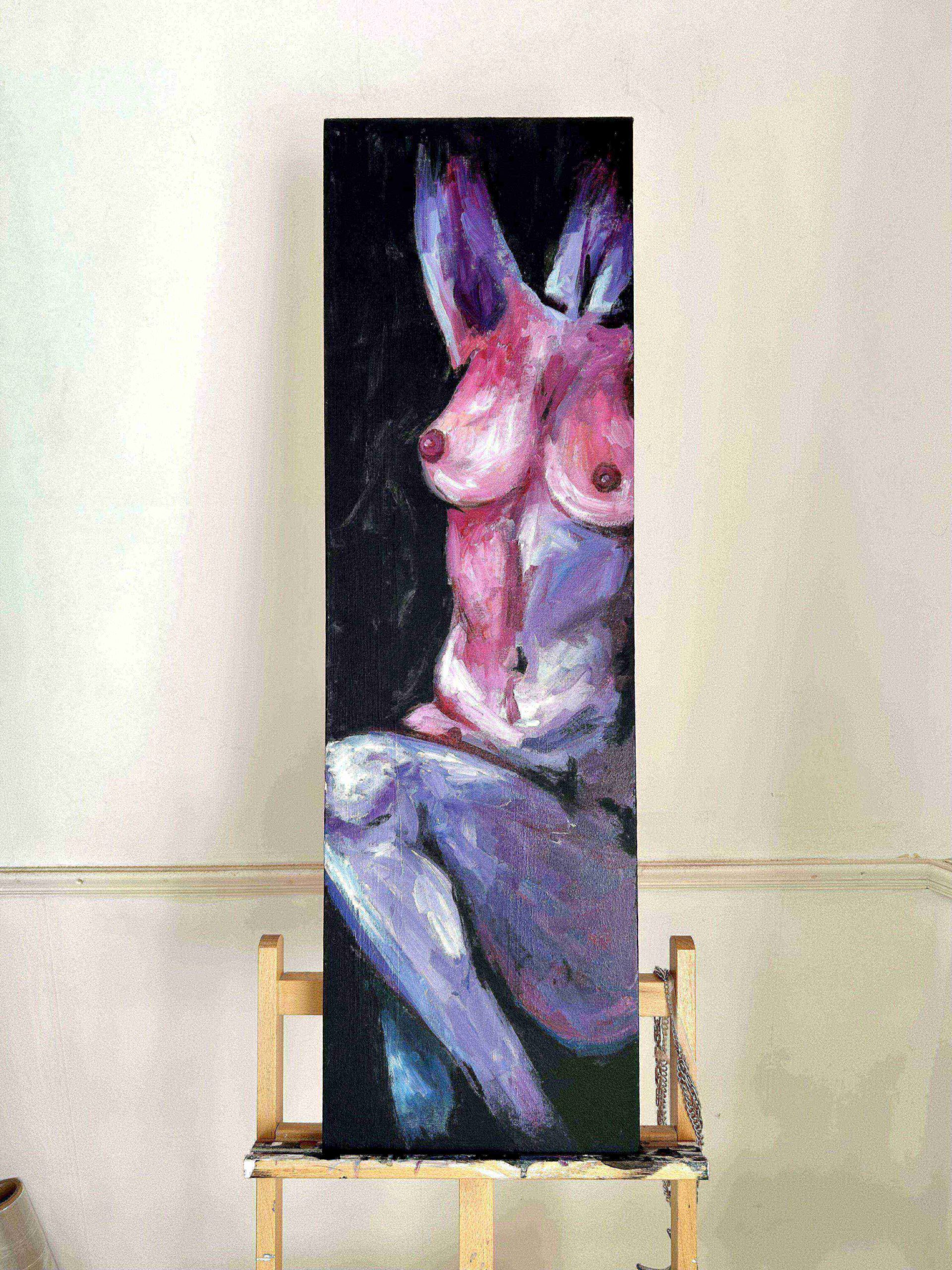 Stevie Langford artist painting. Circe. Acrylic on canvas, 12 inches by 40 inches. A front-facing figurative nude with knee and thigh kicking up, arm and neck stretched up, rough-style painting. Black background - chiaroscuro style. Painted mostly using pink, lilac and blue tones.