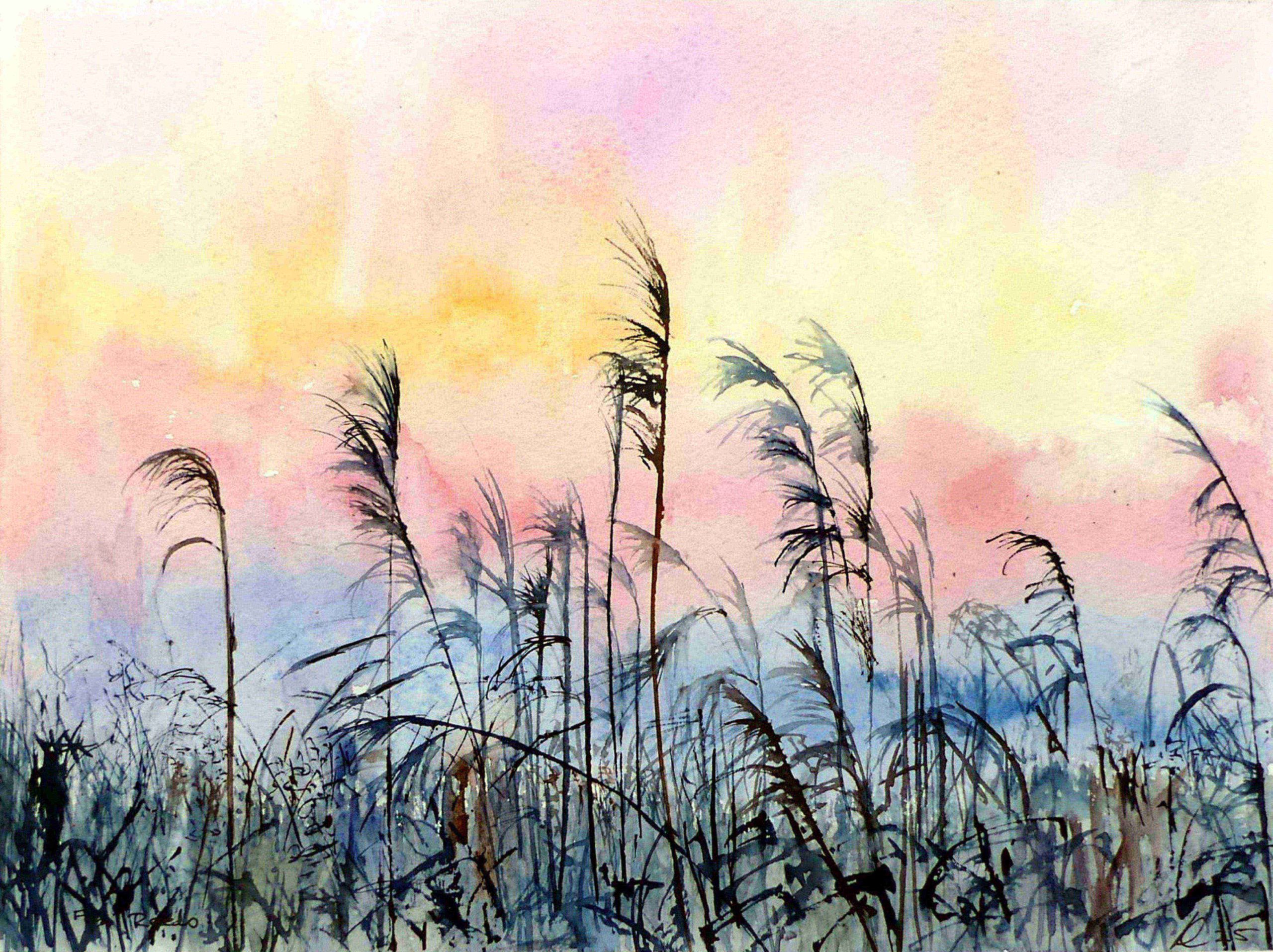 Sunrise landscape watercolour by UK artist Elizabeth Sadler
